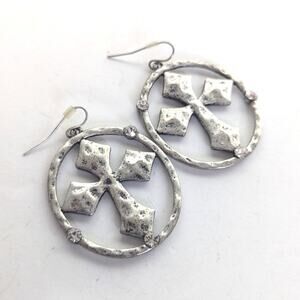 Hammered Silver Tone Maltese Cross Rhinestone Statement Hook Dangle Earrings